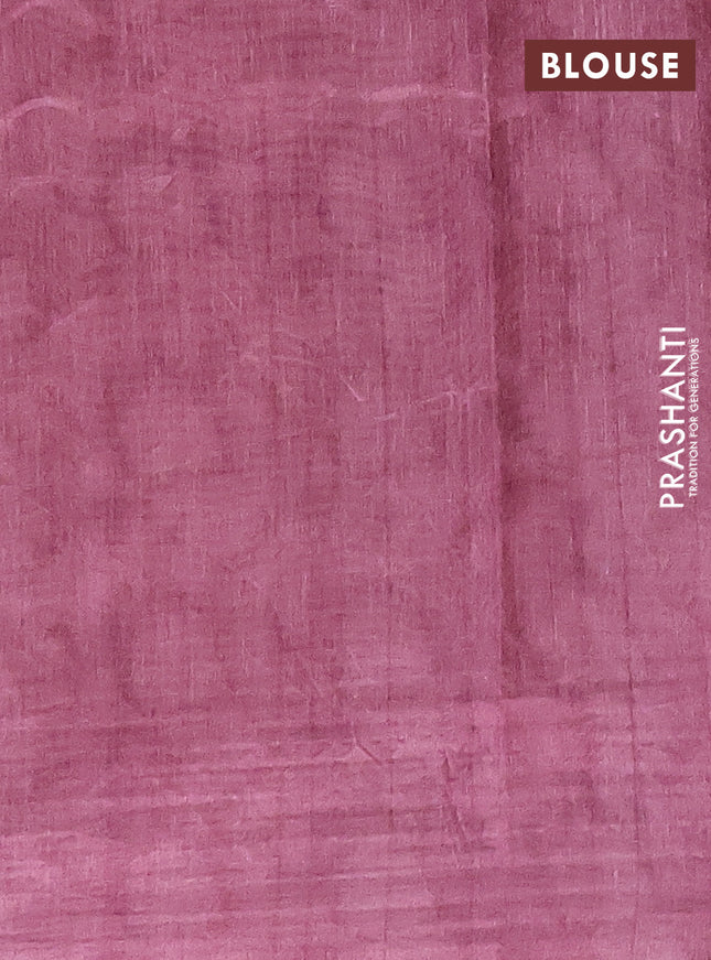 Semi tussar saree pastel pink and beige with allover prints and kantha stitch work border