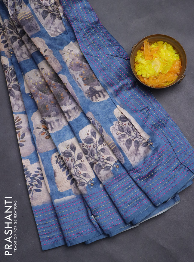 Semi tussar saree blue and beige with allover prints and kantha stitch work border