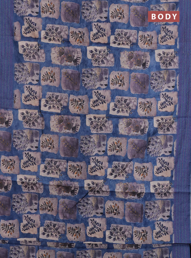 Semi tussar saree blue and beige with allover prints and kantha stitch work border