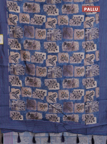 Semi tussar saree blue and beige with allover prints and kantha stitch work border