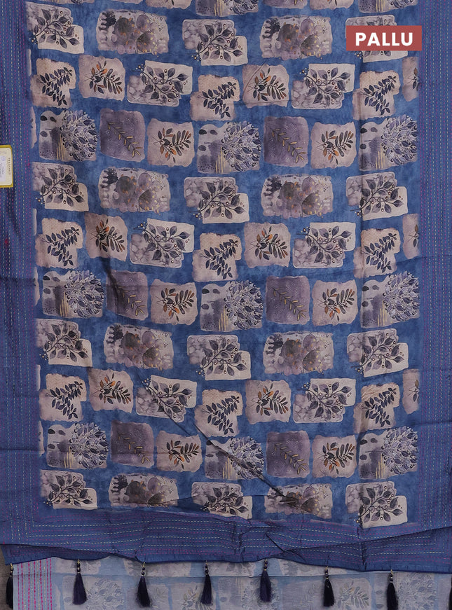 Semi tussar saree blue and beige with allover prints and kantha stitch work border