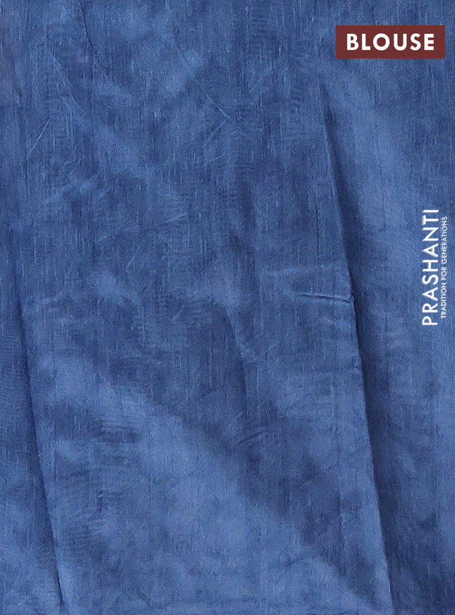 Semi tussar saree blue and beige with allover prints and kantha stitch work border