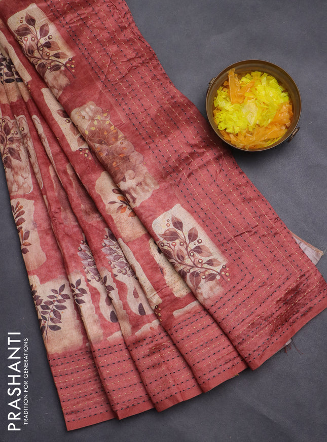 Semi tussar saree rust shade and beige with allover prints and kantha stitch work border