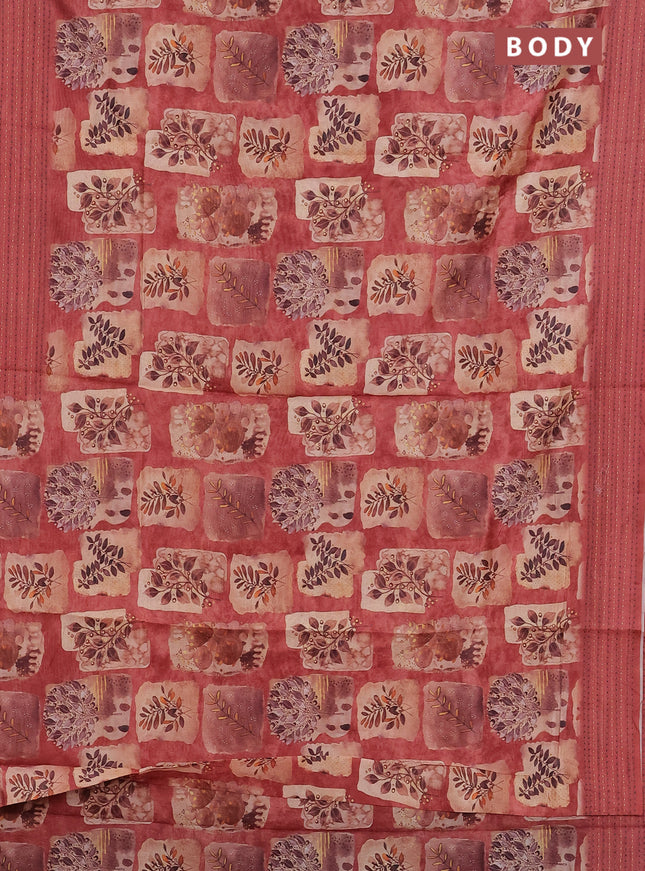 Semi tussar saree rust shade and beige with allover prints and kantha stitch work border