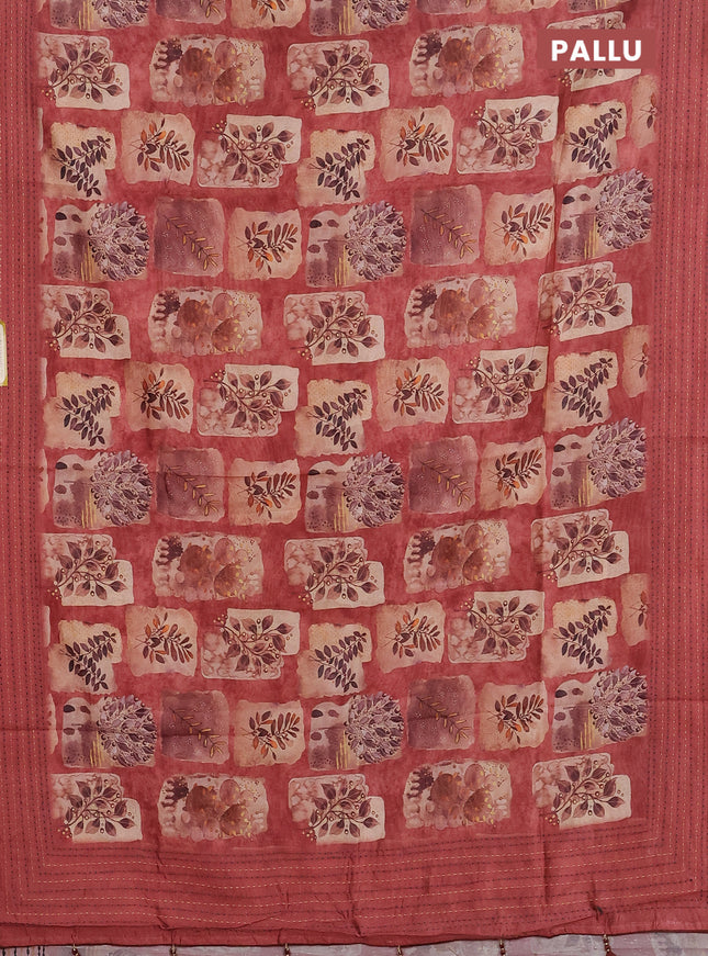 Semi tussar saree rust shade and beige with allover prints and kantha stitch work border