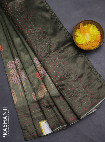 Semi tussar saree sap green with allover butta prints and kantha stitch work border