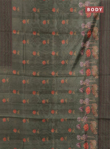 Semi tussar saree sap green with allover butta prints and kantha stitch work border