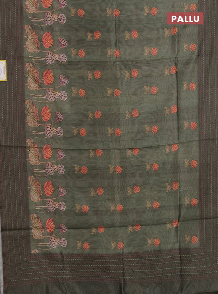 Semi tussar saree sap green with allover butta prints and kantha stitch work border