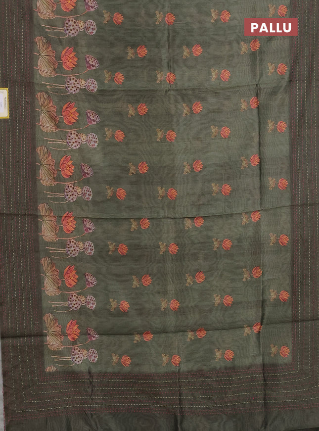 Semi tussar saree sap green with allover butta prints and kantha stitch work border