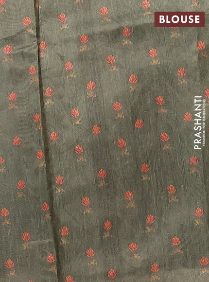 Semi tussar saree sap green with allover butta prints and kantha stitch work border