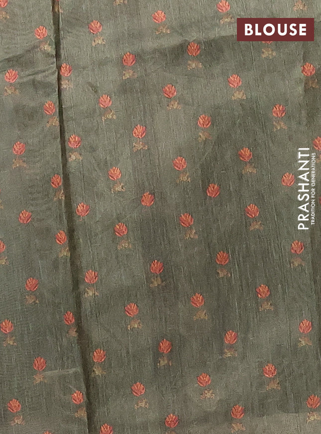 Semi tussar saree sap green with allover butta prints and kantha stitch work border