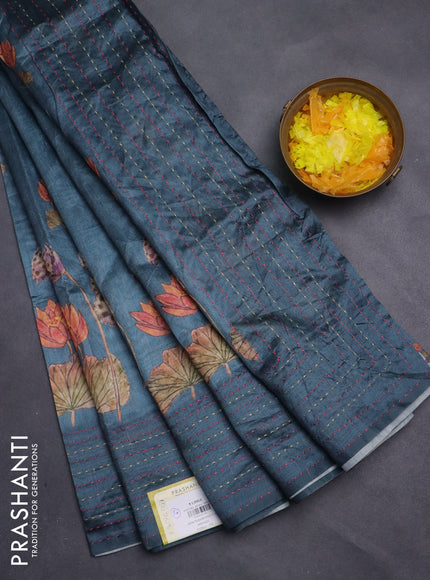 Semi tussar saree bluish grey with allover butta prints and kantha stitch work border