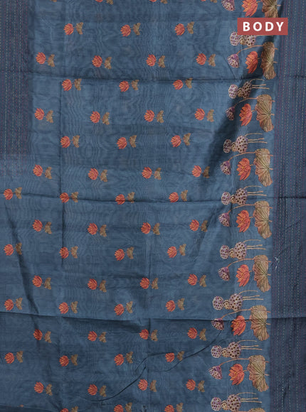 Semi tussar saree bluish grey with allover butta prints and kantha stitch work border