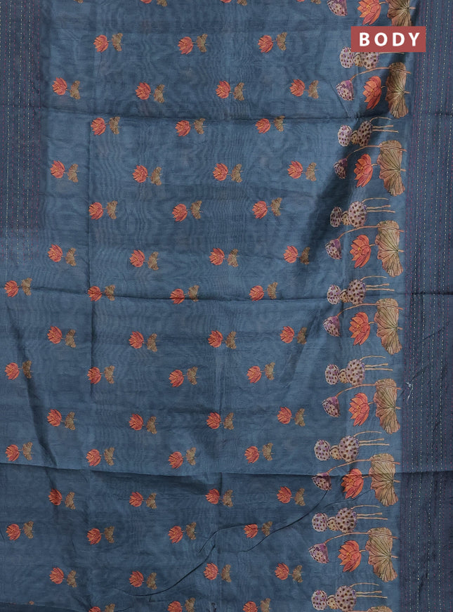 Semi tussar saree bluish grey with allover butta prints and kantha stitch work border