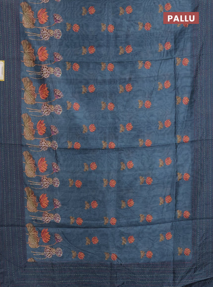 Semi tussar saree bluish grey with allover butta prints and kantha stitch work border