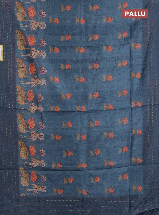 Semi tussar saree bluish grey with allover butta prints and kantha stitch work border