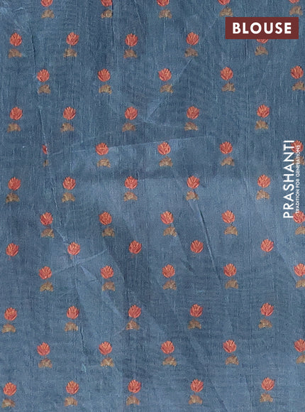 Semi tussar saree bluish grey with allover butta prints and kantha stitch work border