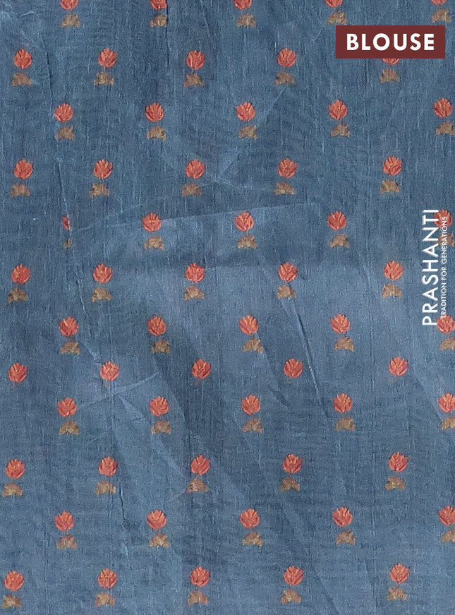 Semi tussar saree bluish grey with allover butta prints and kantha stitch work border