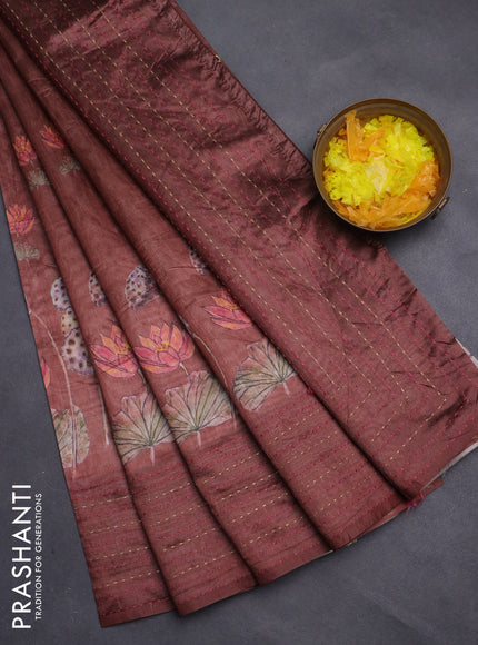 Semi tussar saree brown with allover butta prints and kantha stitch work border