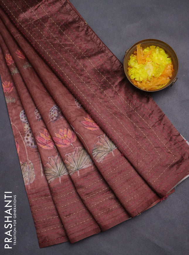 Semi tussar saree brown with allover butta prints and kantha stitch work border