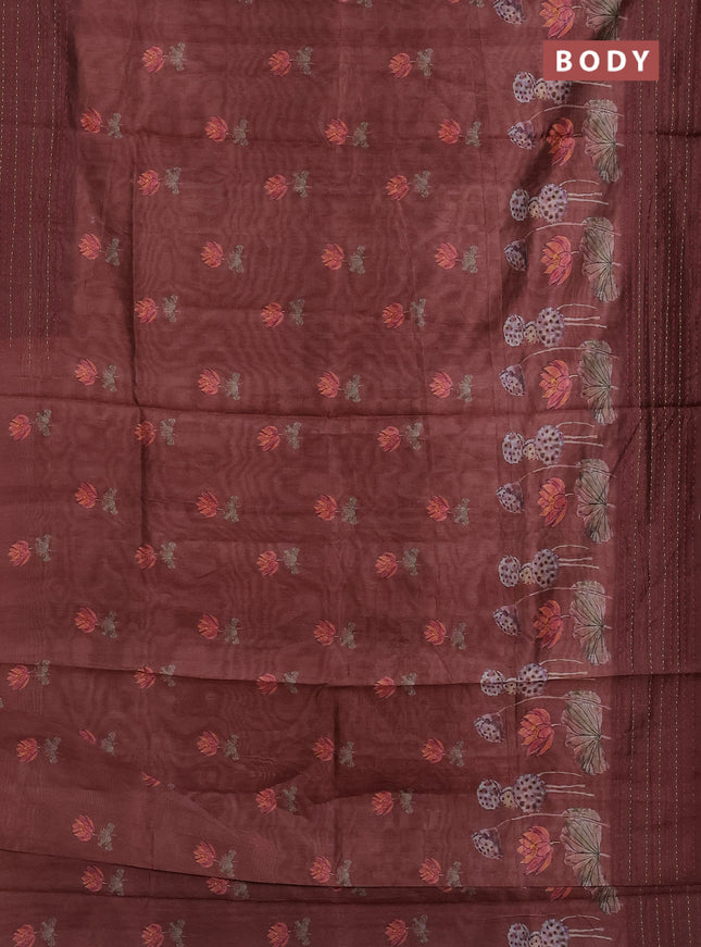 Semi tussar saree brown with allover butta prints and kantha stitch work border