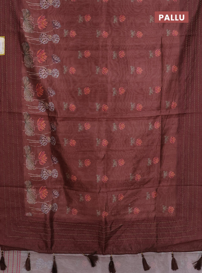 Semi tussar saree brown with allover butta prints and kantha stitch work border