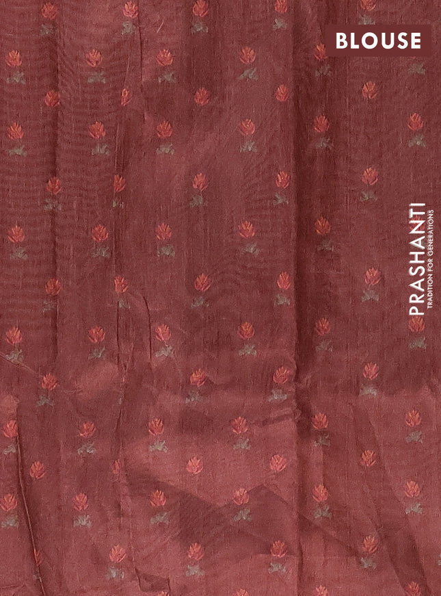 Semi tussar saree brown with allover butta prints and kantha stitch work border