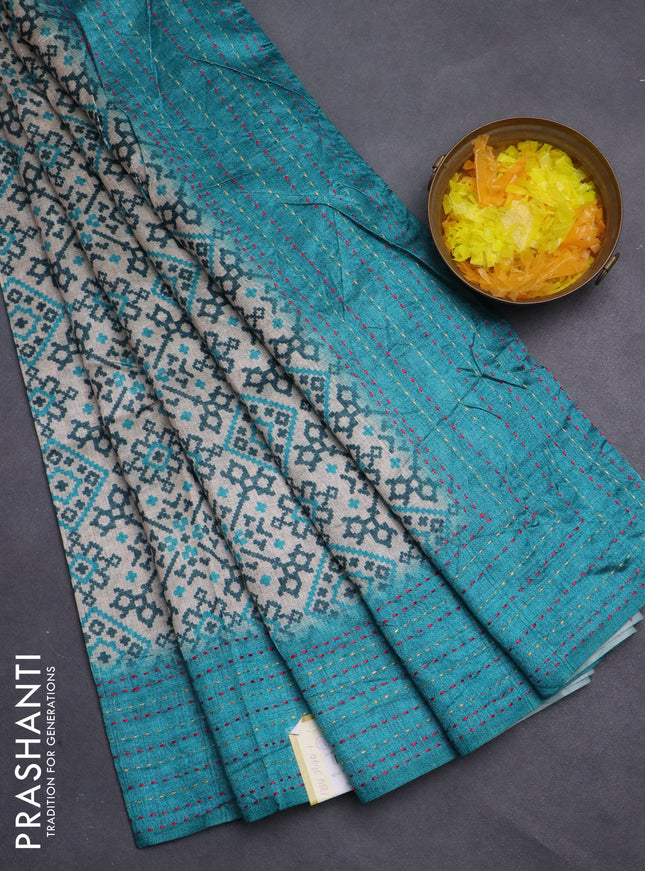Semi tussar saree beige and teal blue with allover ikat prints and kantha stitch work border