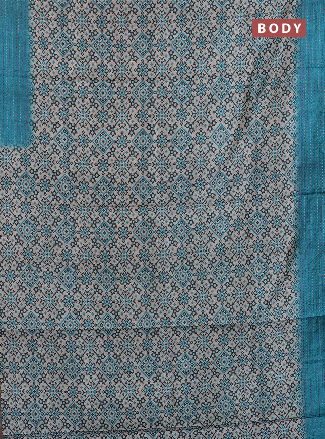 Semi tussar saree beige and teal blue with allover ikat prints and kantha stitch work border