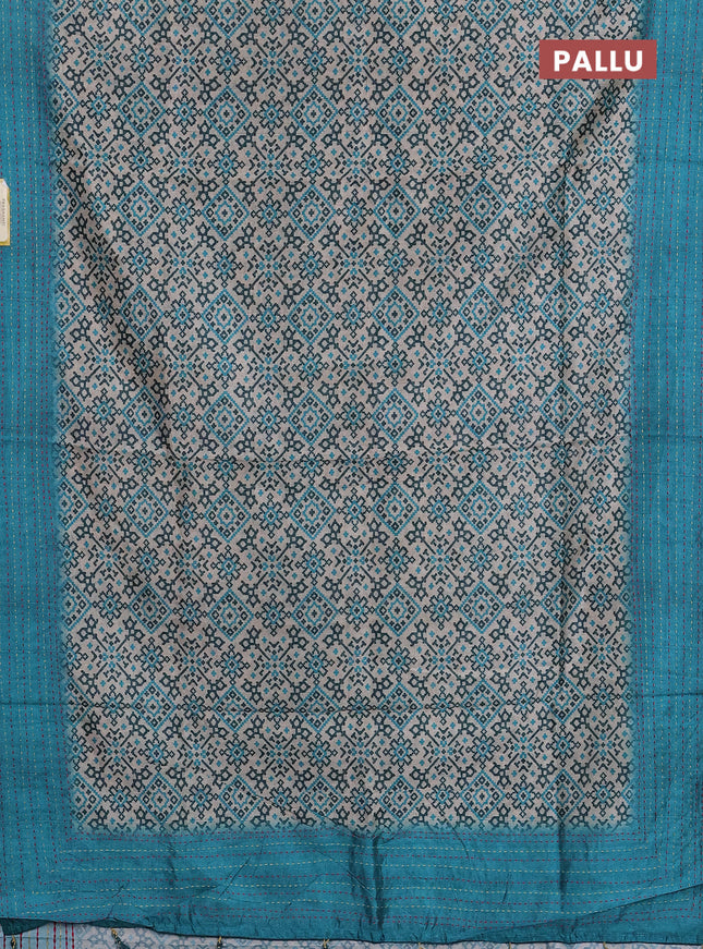 Semi tussar saree beige and teal blue with allover ikat prints and kantha stitch work border
