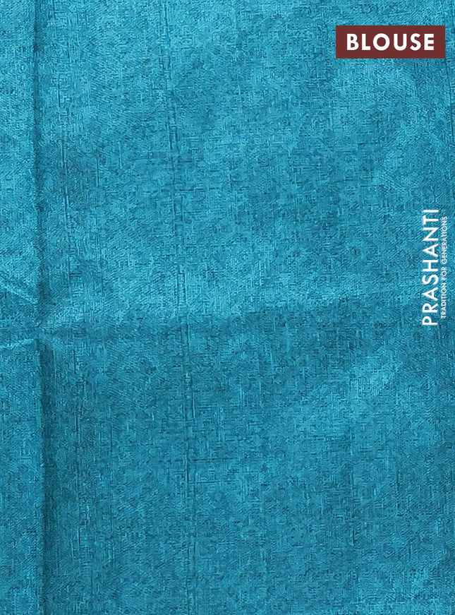 Semi tussar saree beige and teal blue with allover ikat prints and kantha stitch work border