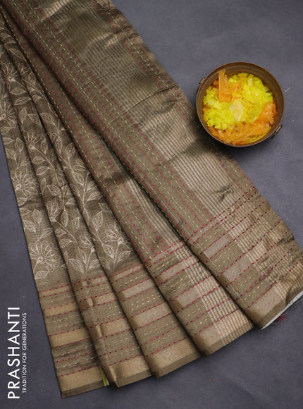 Semi tussar saree olive green with allover prints and kantha stitch work border
