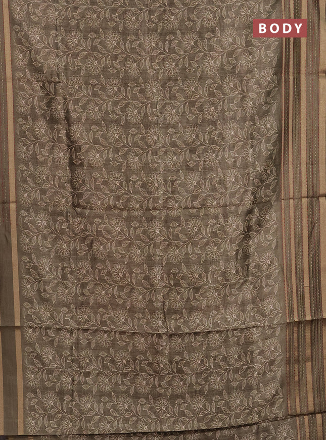 Semi tussar saree olive green with allover prints and kantha stitch work border