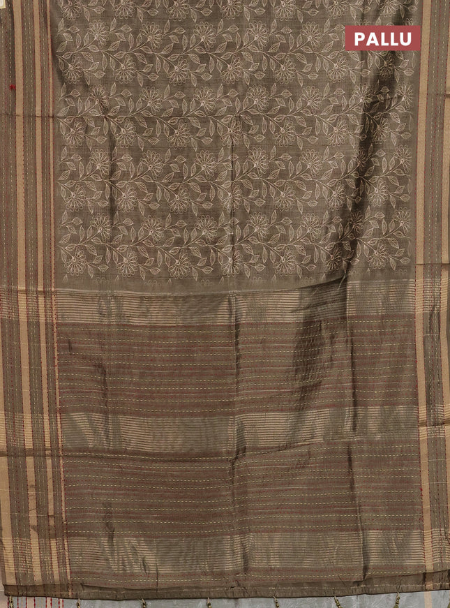 Semi tussar saree olive green with allover prints and kantha stitch work border