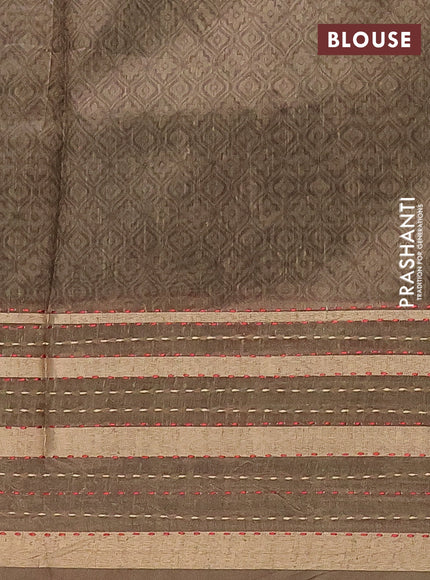 Semi tussar saree olive green with allover prints and kantha stitch work border