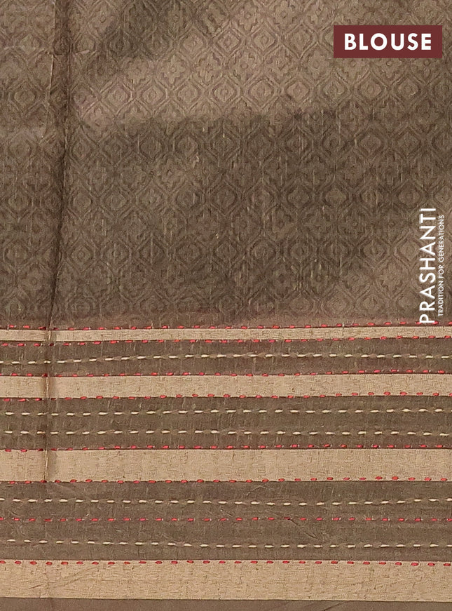 Semi tussar saree olive green with allover prints and kantha stitch work border