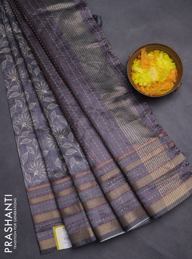Semi tussar saree grey with allover prints and kantha stitch work border