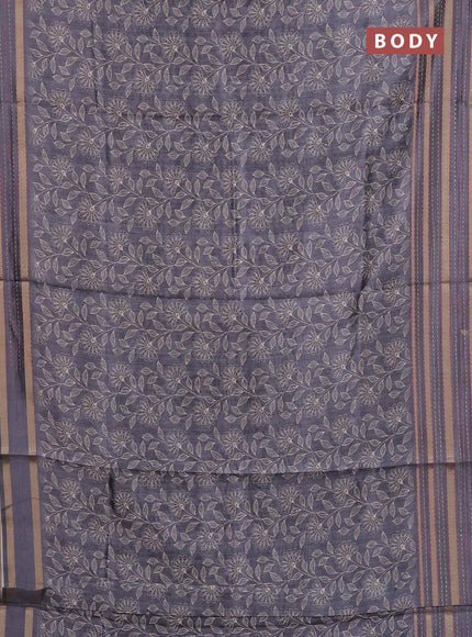 Semi tussar saree grey with allover prints and kantha stitch work border