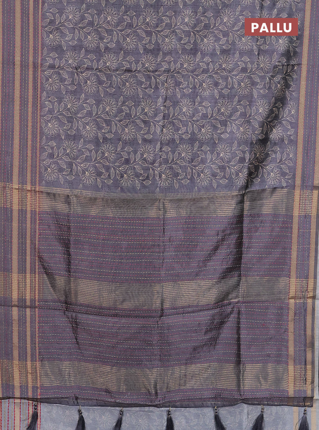 Semi tussar saree grey with allover prints and kantha stitch work border