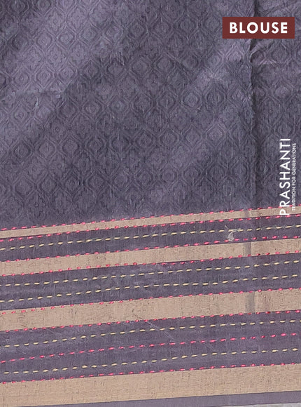 Semi tussar saree grey with allover prints and kantha stitch work border