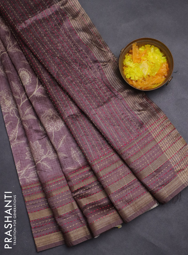 Semi tussar saree rosy brown with allover prints and kantha stitch work border