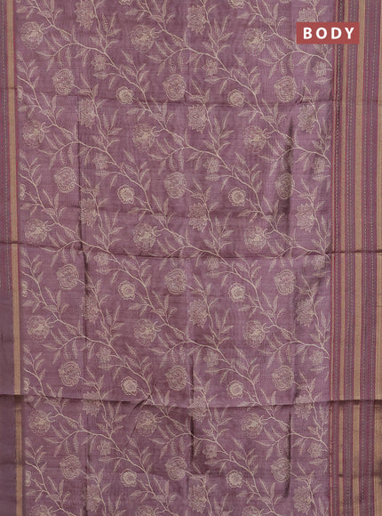 Semi tussar saree rosy brown with allover prints and kantha stitch work border