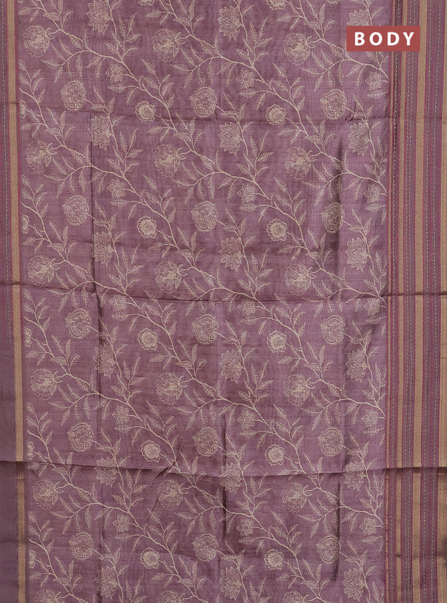 Semi tussar saree rosy brown with allover prints and kantha stitch work border
