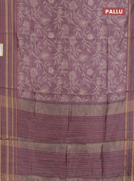 Semi tussar saree rosy brown with allover prints and kantha stitch work border