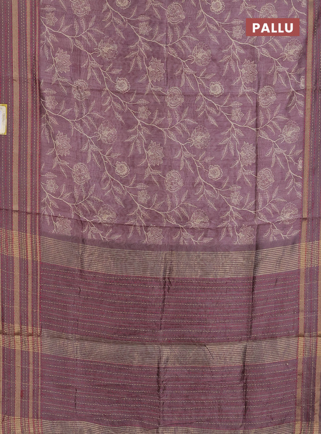 Semi tussar saree rosy brown with allover prints and kantha stitch work border