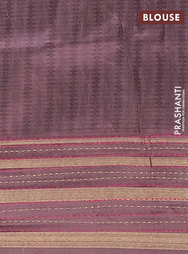 Semi tussar saree rosy brown with allover prints and kantha stitch work border