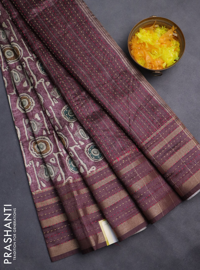 Semi tussar saree mauve pink with allover geometric prints and zari woven kantha work border