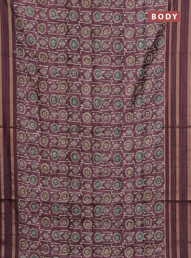 Semi tussar saree mauve pink with allover geometric prints and zari woven kantha work border