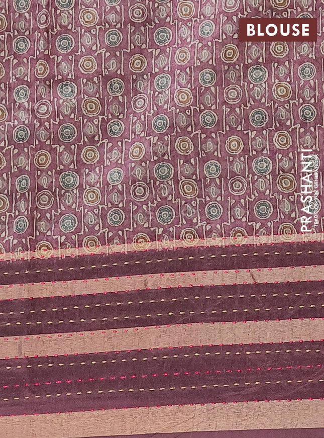 Semi tussar saree mauve pink with allover geometric prints and zari woven kantha work border