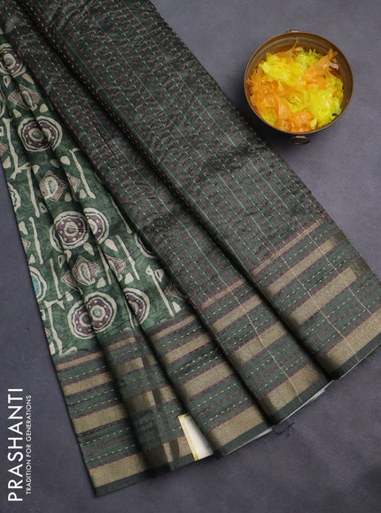 Semi tussar saree sap green with allover geometric prints and zari woven kantha work border